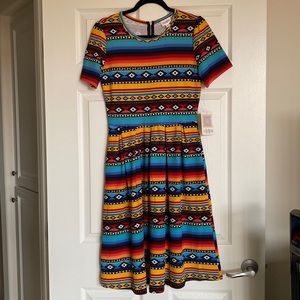 Lularoe Amelia dress with Aztec pattern.